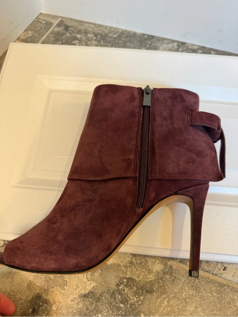 Vince Camuto Amesha Open-Toe Suede Maroon Women’s Ankle Booties with Bow Detail
